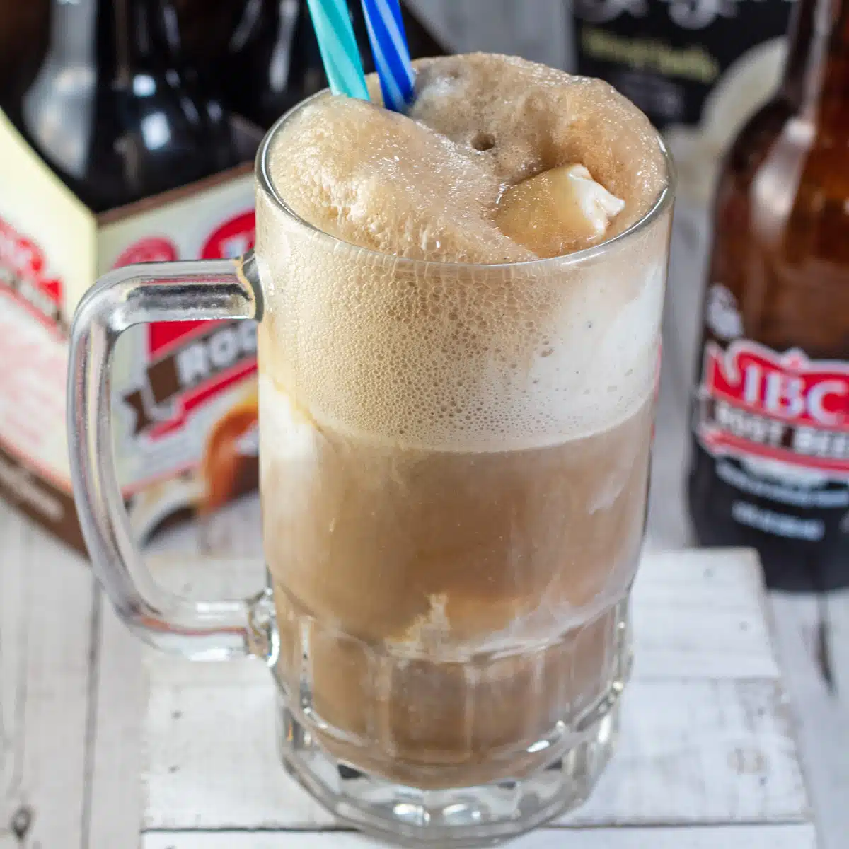 Square image of root beer float.