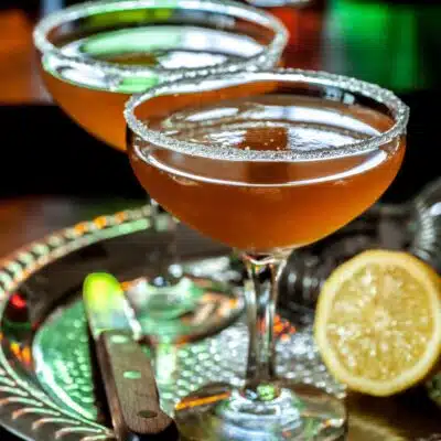 Square image showing a classic sidecar cocktail.