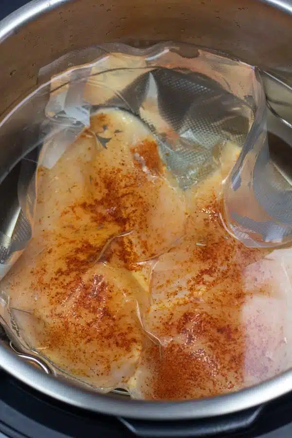 Process image 3 showing putting chicken package in water to sous vide cook.