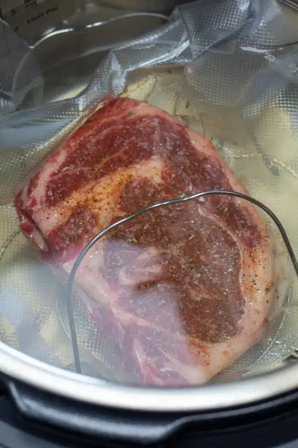 Process image 2 showing seasoned steak in sous vide machine.