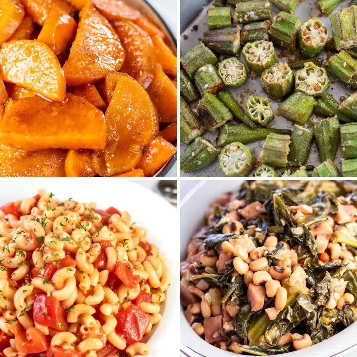 Square split image showing different recipe ideas for Southern side dishes.