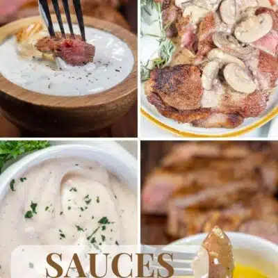 Pin split image with text overlay showing different steak sauces.