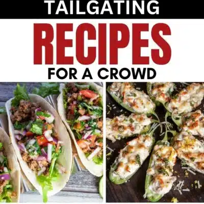 Pin split image with text of different recipe ideas for tailgating food for a crowd.