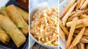 Wide split image showing different ideas for what to have with coconut shrimp.