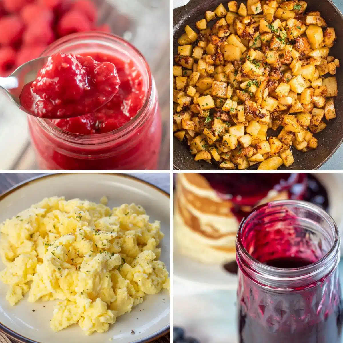 Square split image showing different ideas for what to have with French toast.