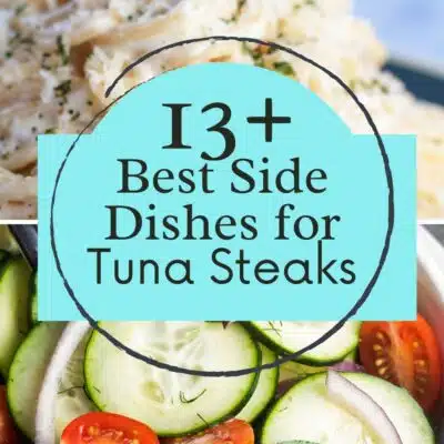 Pin split image with text showing sides for tuna steaks.