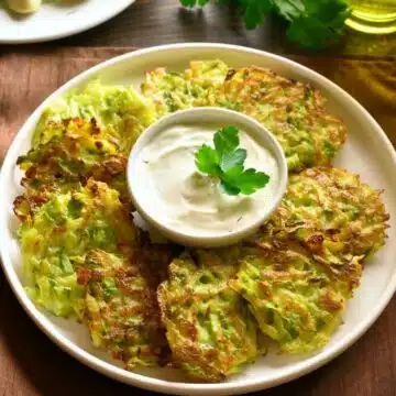 Wide image of zucchini fritters.