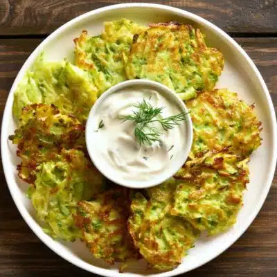 Square image of zucchini fritters.