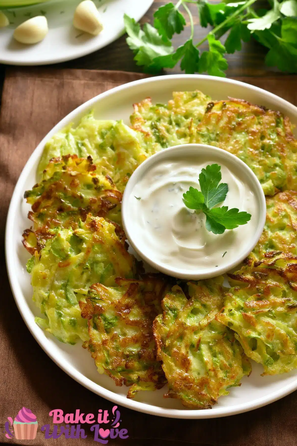 Tall image of zucchini fritters.