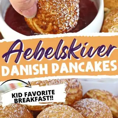 Aebelskiver Danish stuffed pancakes on a wooden tray and dipped into jelly in this recipe pin featuring two images and text title divider.