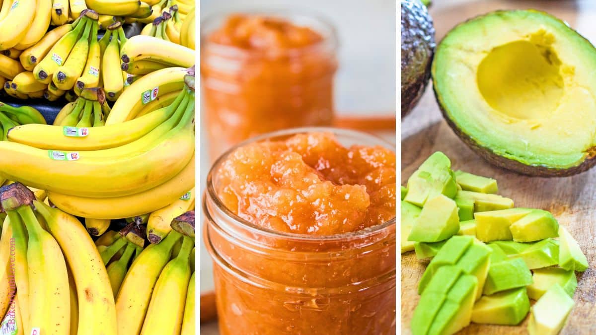 A collage of three vertical panels. The left panel shows a close-up of many ripe yellow bananas in a grocery store bin. The middle panel shows two clear glass jars filled with an orange, chunky applesauce-like mixture. The right panel shows an avocado cut in half on a wooden cutting board, with one half still intact and the other half cut into small, light green cubes.