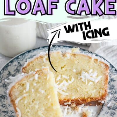 Best coconut loaf cake recipe pin with sliced cake on plate and text title overlay.