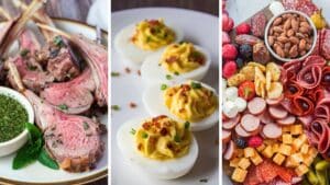 Tasty collection Easter lamb dinner menu ideas like roasted rack of lamb, deviled eggs, charcuterie board and more.