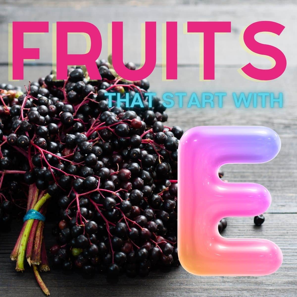 Frutas que comienzan con e colección para desafíos de lista que incluyen bayas de saúco frescas con superposición de título de texto.