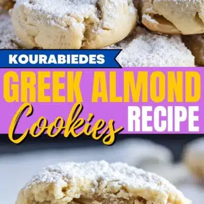Best Greek almond cookies recipe pin with two images of the baked cookies and text title divider.