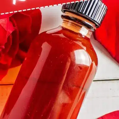 How to make rose water pin with text title banner over bottled homemade rose water.