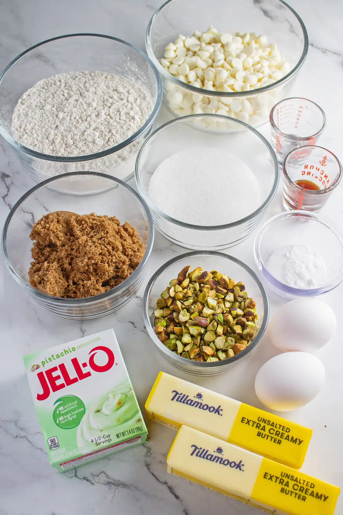 Pistachio pudding mix cookies ingredients measured out and ready to mix and bake.