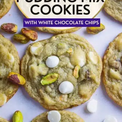 Best pistachio pudding cookies pin with an overhead of the baked pudding mix cookies and text title heading.