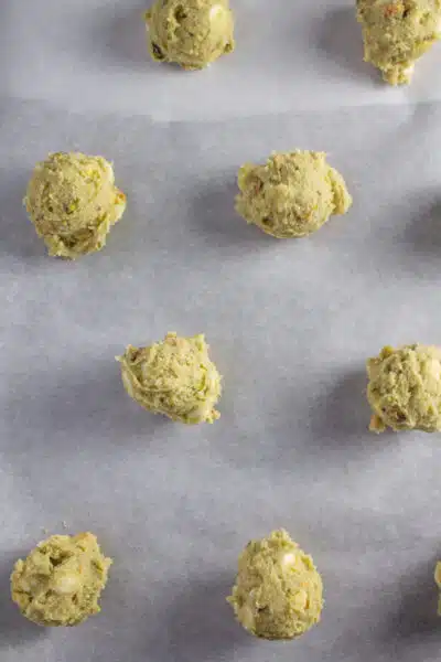 Pistachio pudding cookies process photo 9 dough portioned out onto baking sheet to bake.