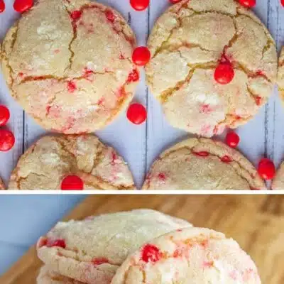Best red hot cookies recipe pin with two images of the baked cookies and text title header.