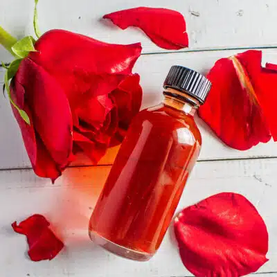 Easy homemade rose water bottled and seen here on light wooden background with a red rose and petals.
