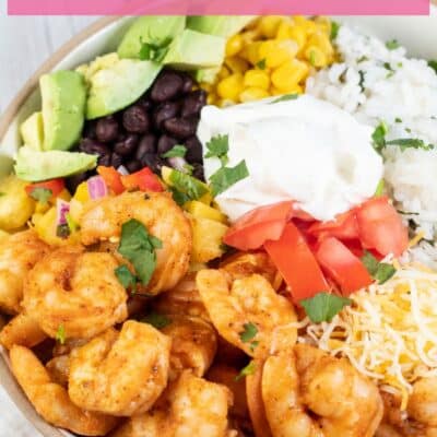 Pin image with text of shrimp burrito bowl.