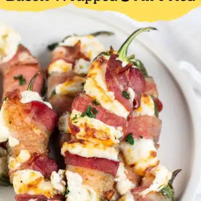 Pin image with text of air fried bacon wrapped jalapeno poppers.