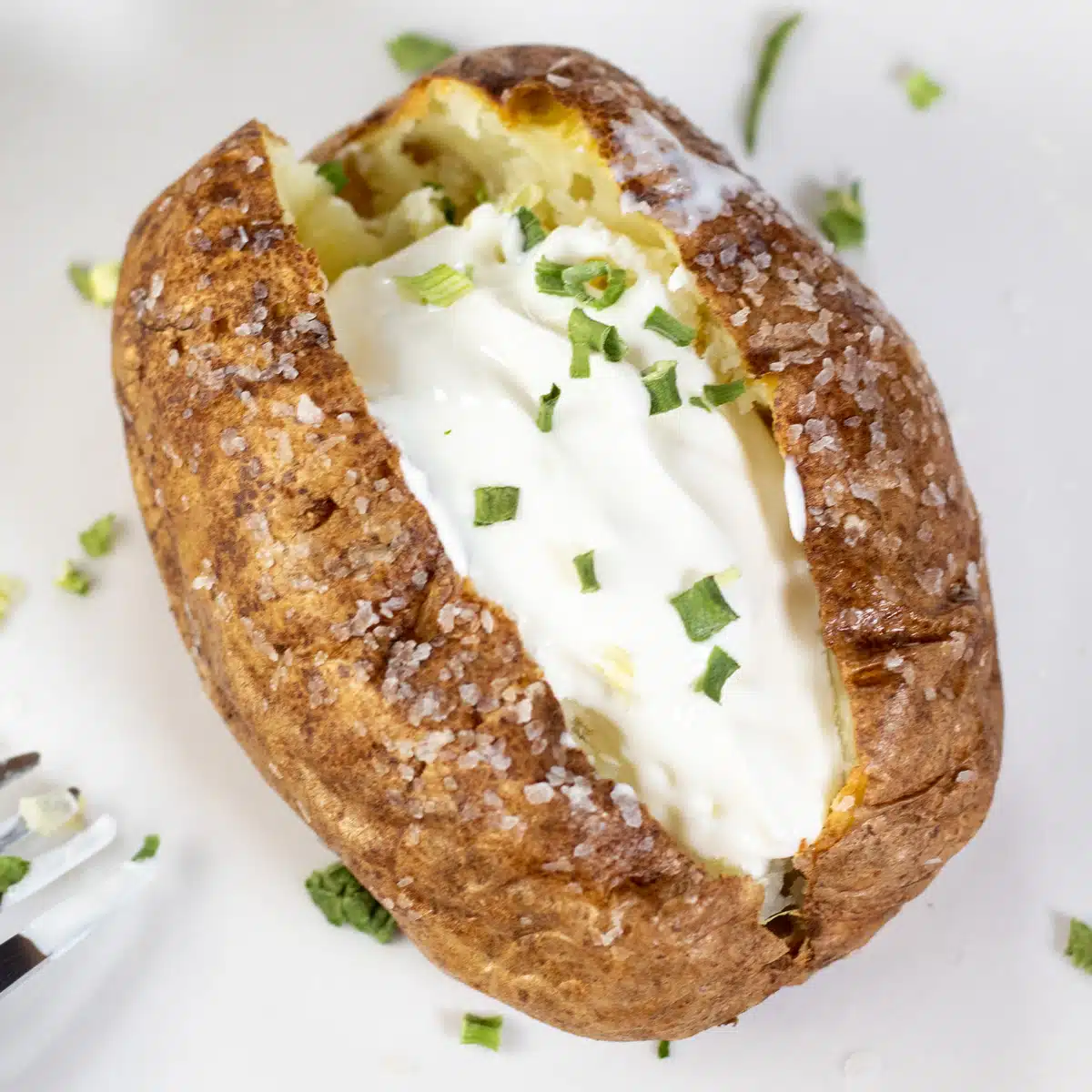 Square image of air fryer baked potato.