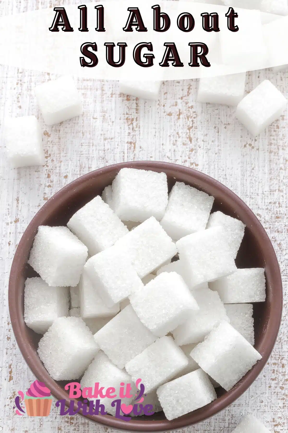 Pin image with text of a bowl of sugar and sugar cubes.
