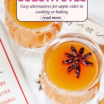 Best apple cider substitutes pin featuring an overhead image of holiday apple cider in festive crystal mugs.