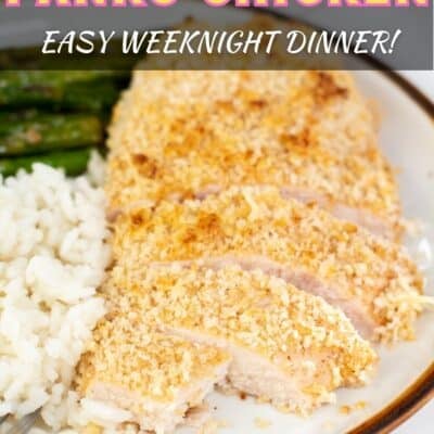 Pin image with text of baked panko chicken on a plate with rice and asparagus.