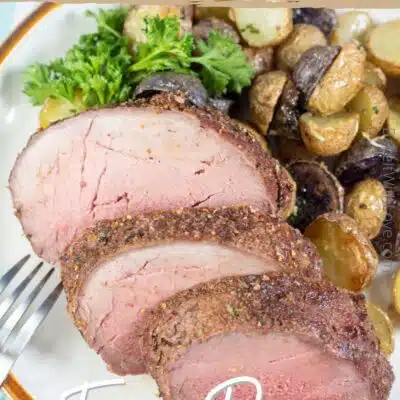Pin image with text of sliced beef top round roast.