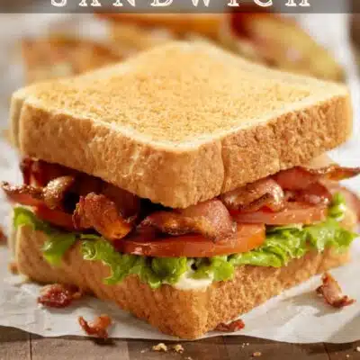 Pin image with text showing a classic BLT sandwich.