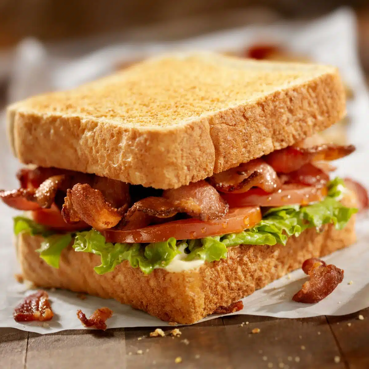 Square image showing a classic BLT sandwich.