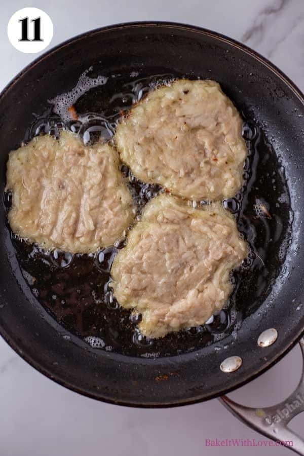 Boxty Irish pancakes process photo 11 showing the pancakes cooking in oil.