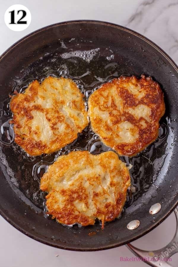 Boxty Irish pancakes process photo 12 showing the golden brown pancakes in the skillet.