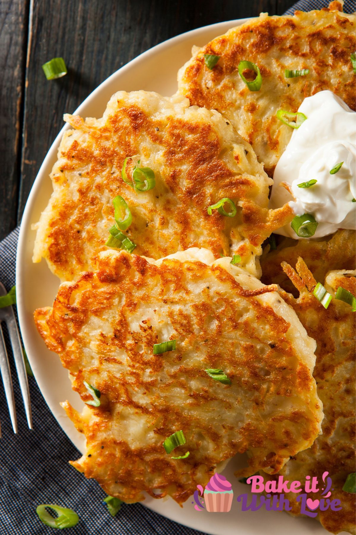 Tall image of boxty Irish pancakes on a white plate.
