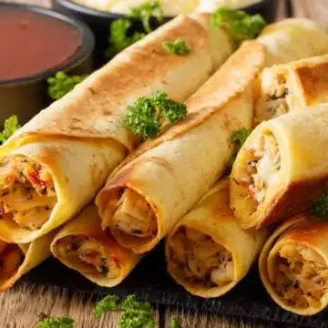Wide image showing chicken taquitos.