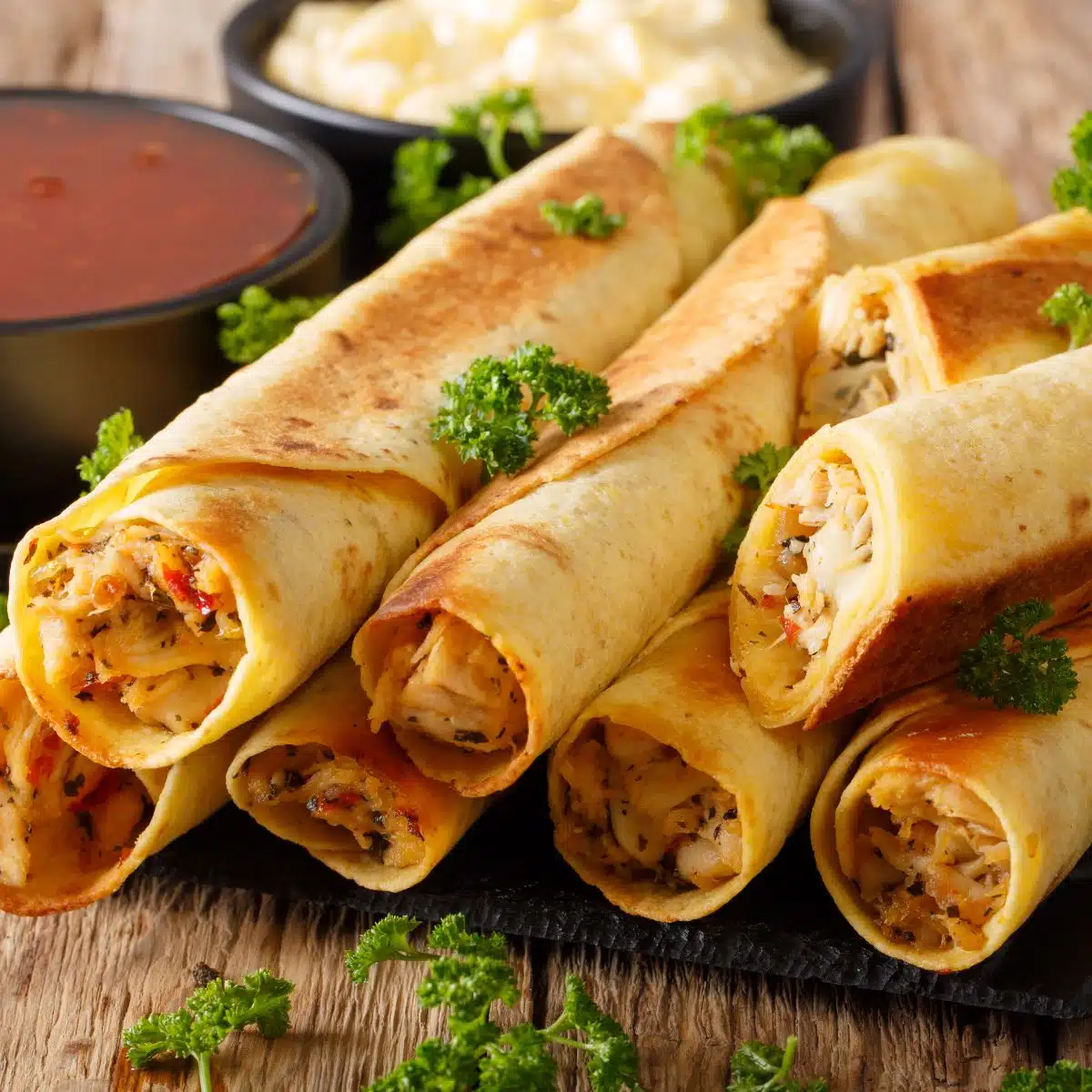 Square image showing chicken taquitos.