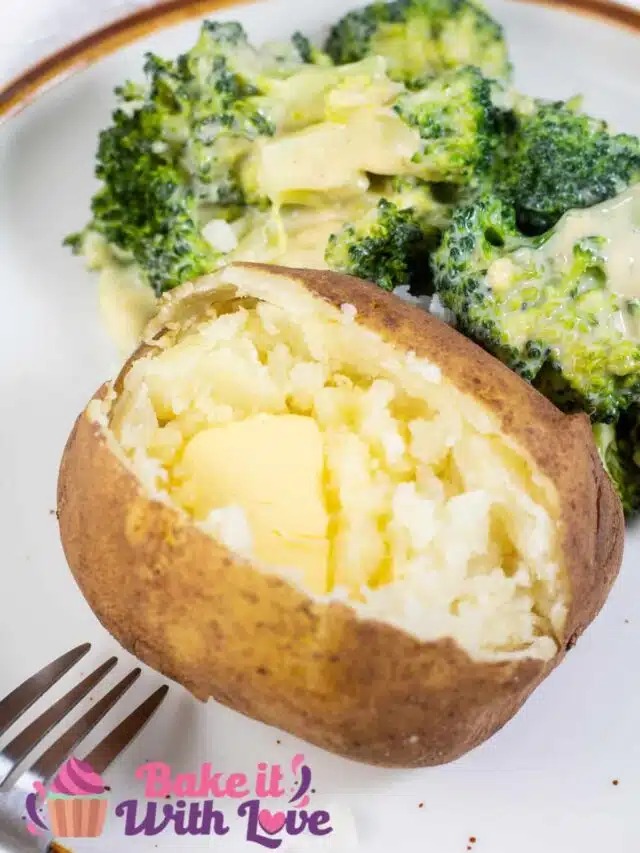 Tall image showing a plate with a instant pot baked potato and broccoli on the side.