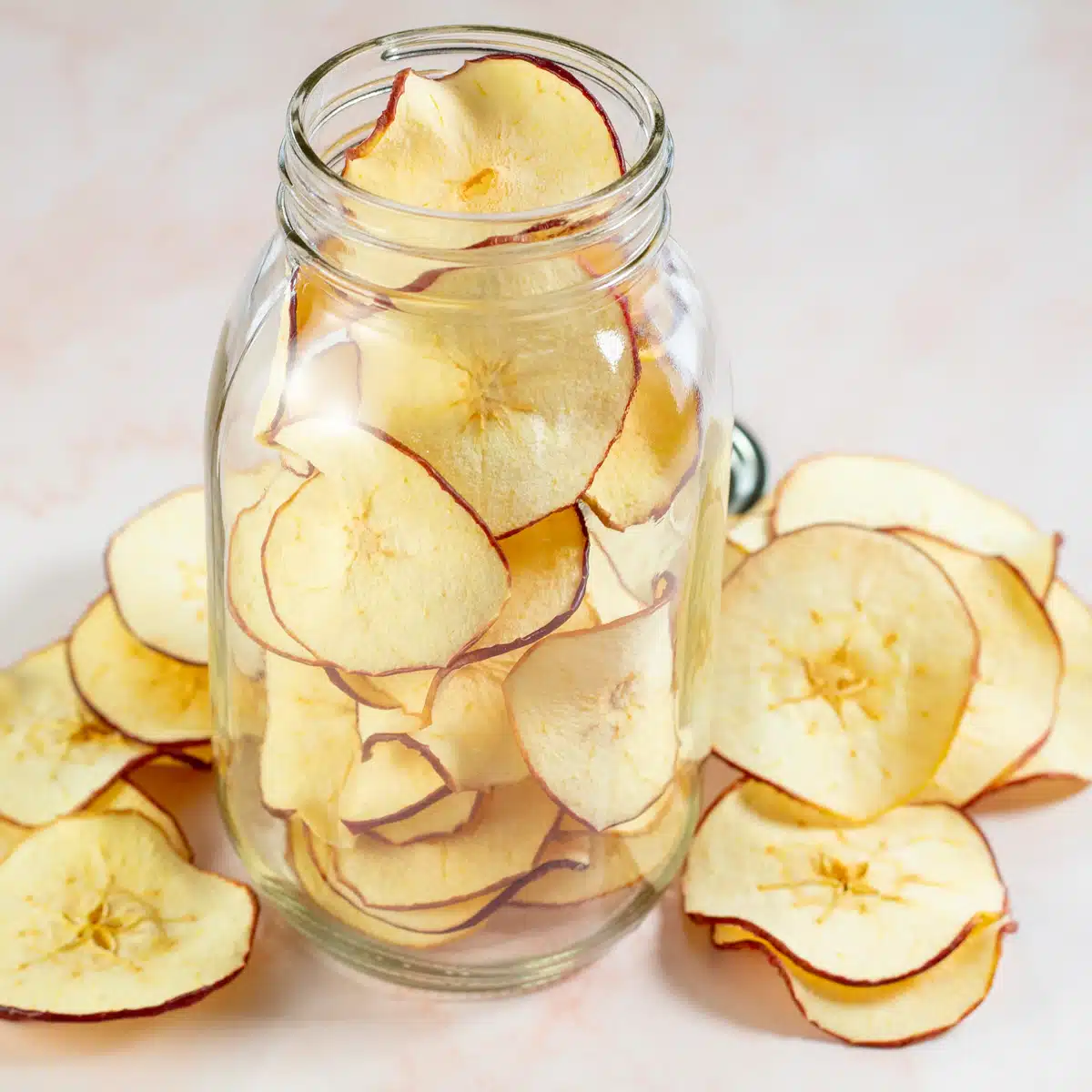 Imagem quadrada de chips de maçã hidratados.