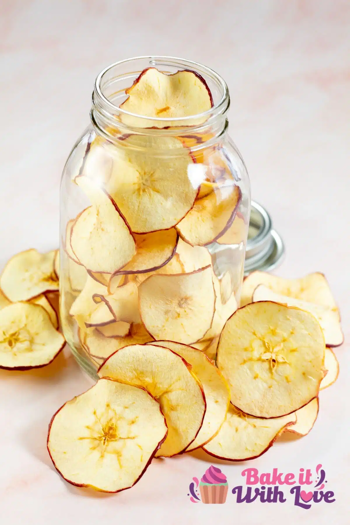 Tall image of hydrated apple chips.