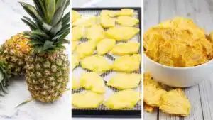 Wide split image showing a pineapple and dehydrated pineapple chips.