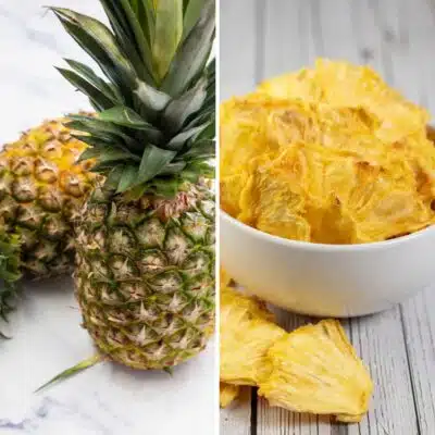 Square split image showing a pineapple and dehydrated pineapple chips.
