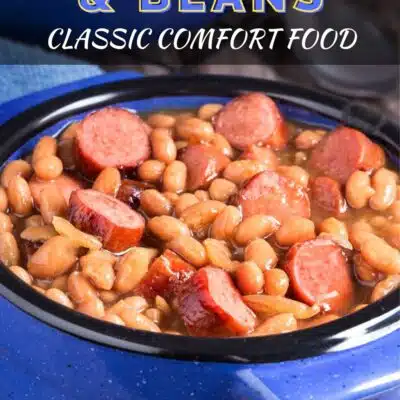Pin image with text of a pot of franks and beans.