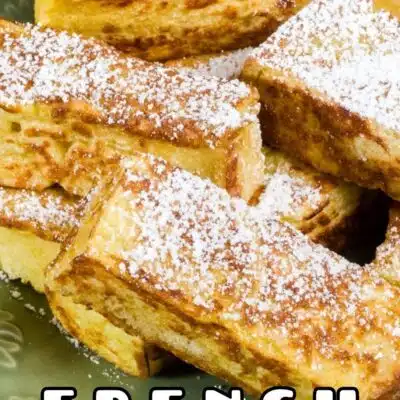Pin image with text of French toast sticks on a plate.