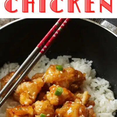 Pin image with text of honey sesame chicken and rice.