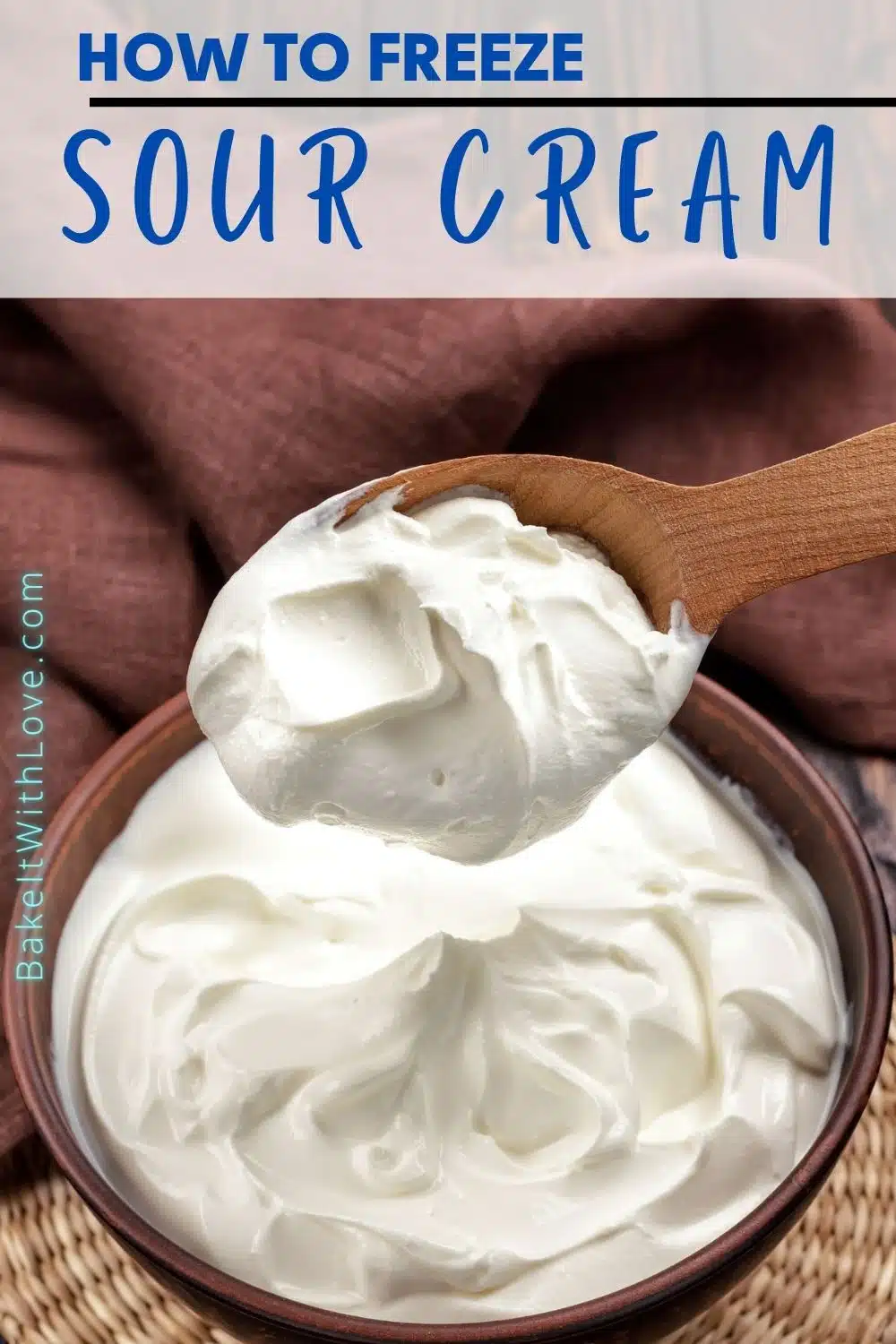 Pin image with text showing sour cream in a wood bowl.