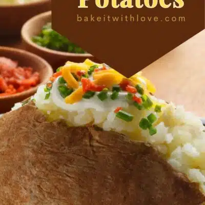 Pin image with text of a baked potato on plate.