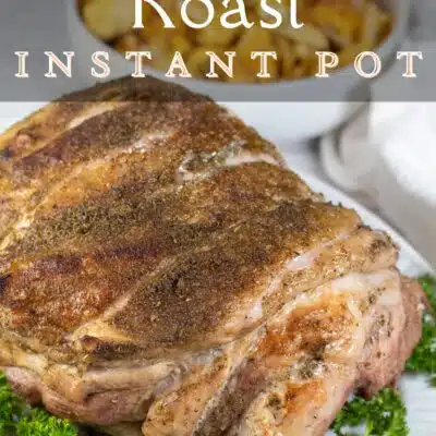 Pin image with text of instant pot Porketta roast on a white platter.